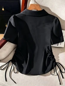 Resyla Chemise grande taille à cordon de serrage et boutons sur le devant - Noir - Voir 2