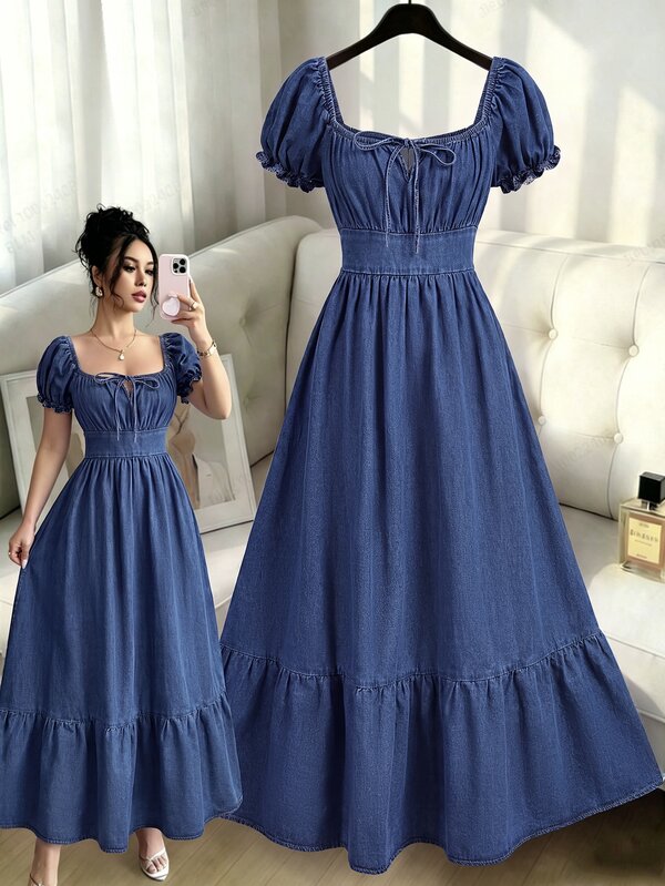 Flora Isola Flora Isola Tie Front Ruched Bust Ruffle Hem Denim Dress