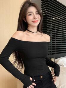 DAZY Solid Bardot Ribbed Tee Fall - Black - View 6