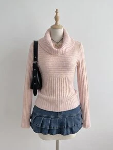 SHEIN Unity Solid Turtleneck Ribbed Knit Sweater - Pink - View 3