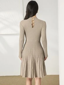 Heiryn Mock Neck Ribbed Knit Sweater Dress - Khaki - View 2