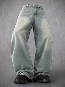 Manfinity Denimwave 大碼字母圖案水洗寬腿牛仔褲（無腰帶） - 藍色 - 查看 2