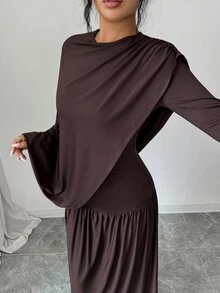Elenzga 1 pieza Vestido con detalle fruncido sólido - Marrón - Ver 6