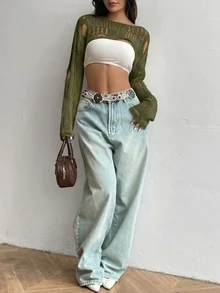 Flirla 1pc Open Knit Crop Sweater - Green - View 3
