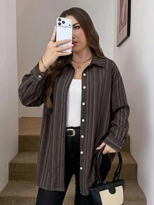 Comfylo Plus Striped Print Drop Shoulder Shirt - Chocolate Brown - View 1