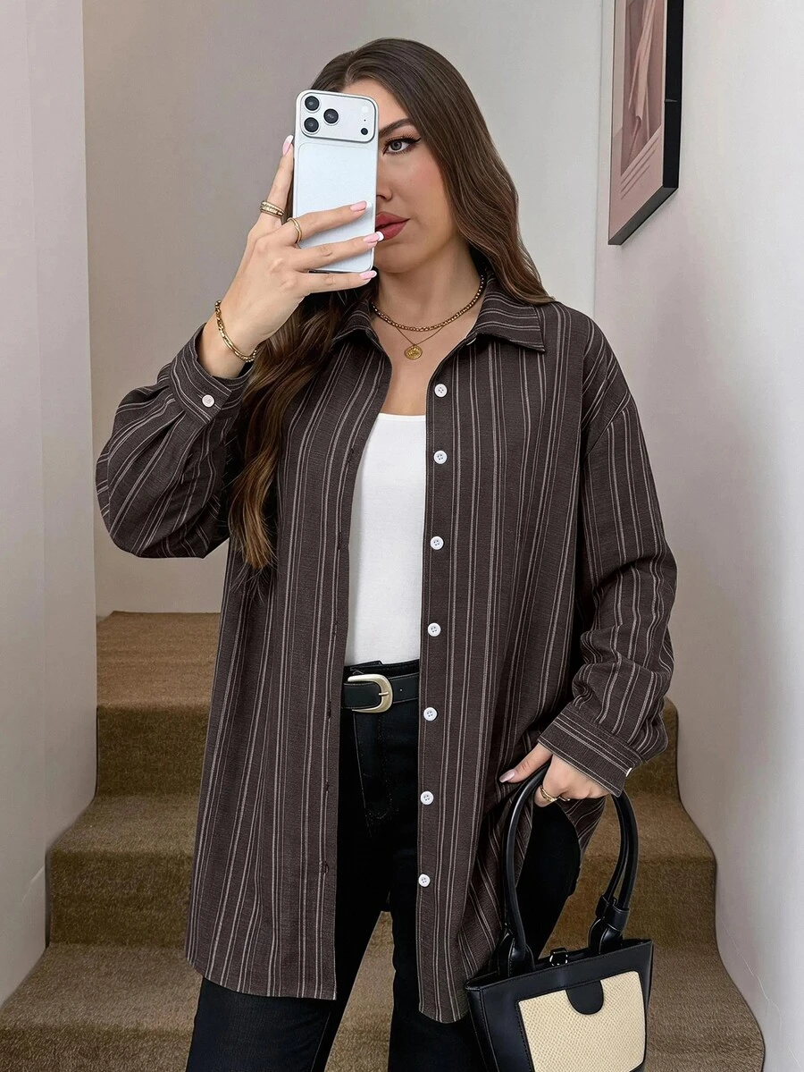 Comfylo Plus Striped Print Drop Shoulder Shirt - Chocolate Brown - View 1