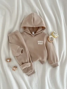 Loomiva 女嬰字母植絨連帽衛衣與運動長褲套裝 - 卡其色 - 查看 7