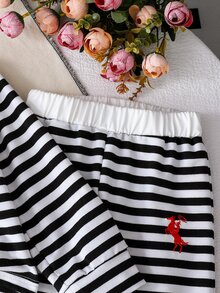 Genkimix Kids 返校季女童 2 件套（4-8 歲）學院風黑白條紋 Polo 領套頭上衣，馬術印花細節，彈性腰長褲，柔軟舒適休閒運動套裝，適合春/秋季校園日常穿著與戶外玩耍 - 黑與白 - 查看 9