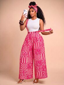 Brilight Patchwork Print Wide Leg Jumpsuit Without Tank Top - Hot Pink - View 1