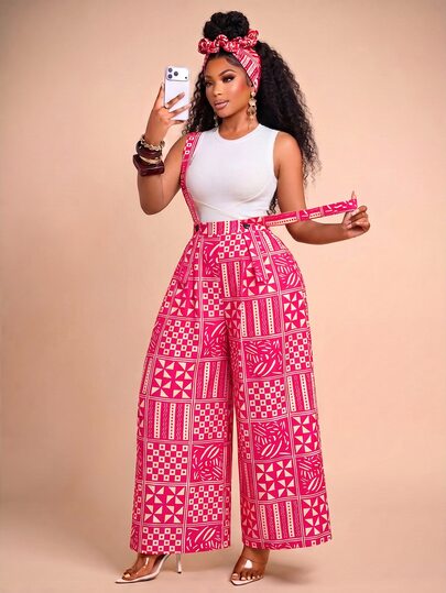 Brilight Patchwork Print Wide Leg Jumpsuit Without Tank Top
