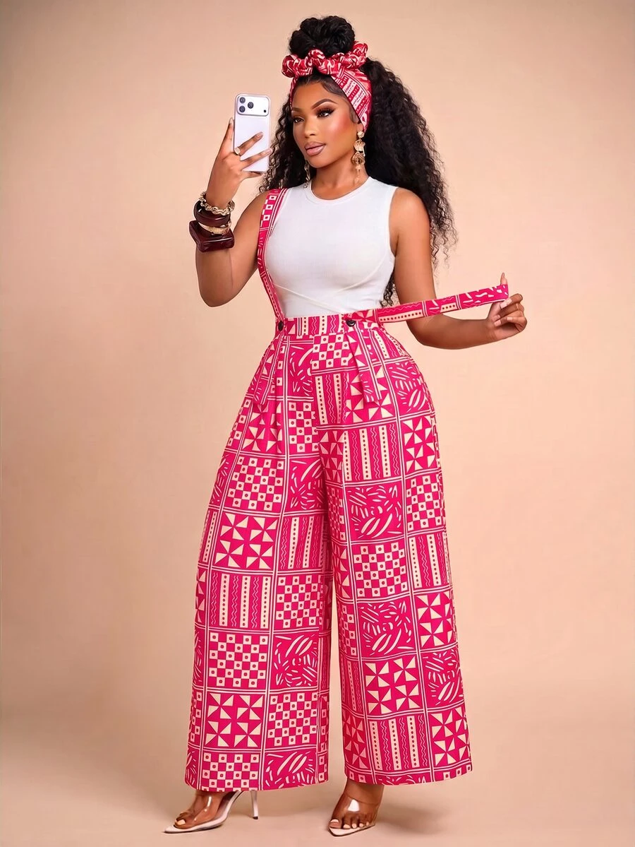 Brilight Patchwork Print Wide Leg Jumpsuit Without Tank Top - Hot Pink - View 1