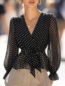 SHEIN Polka Dot Print Flounce Sleeve Belted Top - Black and White - View 3