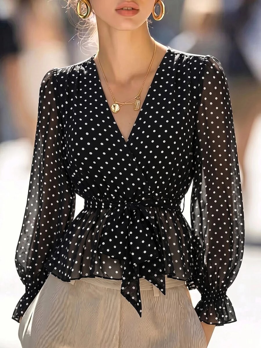 SHEIN Polka Dot Print Flounce Sleeve Belted Top - Black and White - View 1