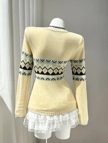 Elamini Geo Pattern Contrast Trim Sweater Everyday School Yellow Autumn Preppy Vintage - Light Yellow - View 2