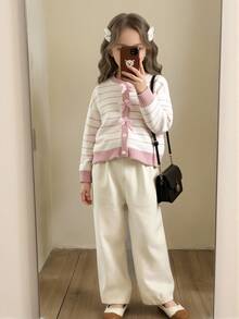 SHEIN 女童條紋圖案落肩蝴蝶結前襟開襟衫 - 粉色 - 查看 8