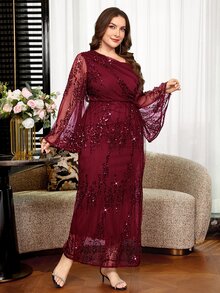 Reflora Vestido de lentejuelas con cuello asimétrico y mangas con volantes, talla grande - Burdeos - Ver 5