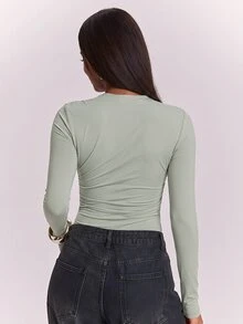SHEIN BAE 秋冬淺綠色裹身V領抓皺腰身緊身長袖連體衣 感恩節聖誕節新年約會休閒穿搭 - 綠色 - 查看 2