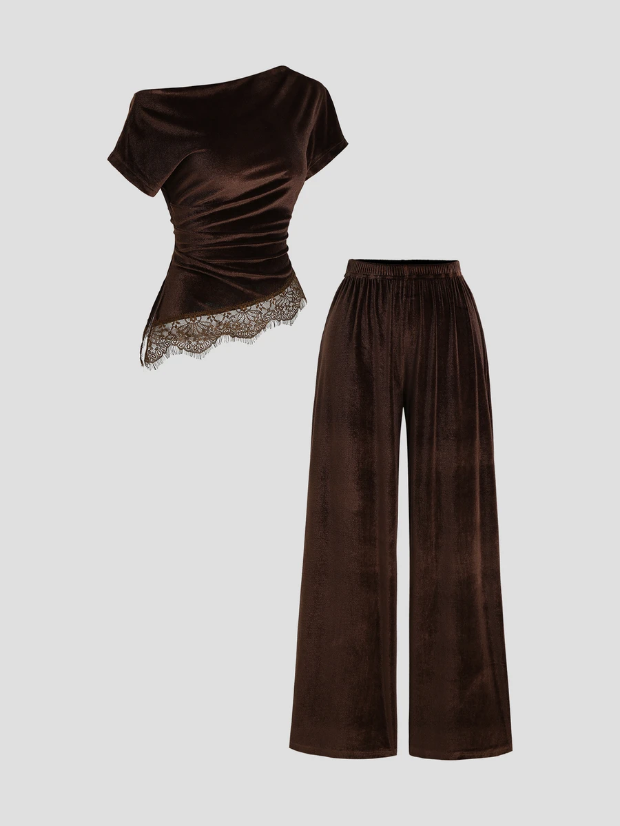 Sweetra Asymmetrical Shoulder Contrast Lace Ruched Waist Velvet Tee & Wide Leg Pants Set - Coffee Brown - View 1
