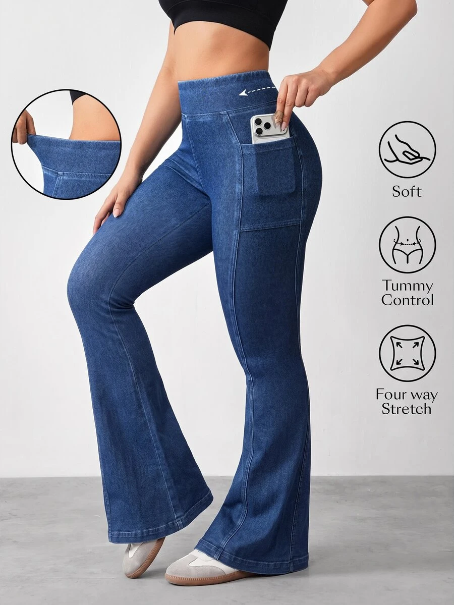 Flexra Plus High Waist Flare Leg Jeans With Phone Pocket - Blue - View 1