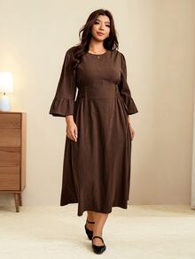 Edennvi Plus Solid Flounce Sleeve Dress Fall - Khaki - View 5