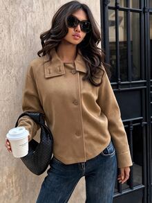 SHEIN เสื้อโค้ทสีพื้นติดกระดุมหน้า - สีกากี - ดู 6