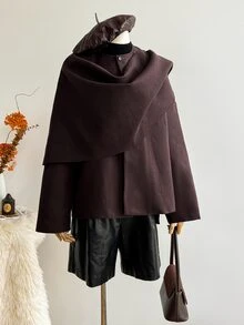 Elamini Solid Open Front Cape Overcoat - Brown - View 6