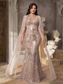 Aureia Plus Contrast Sequin Mesh Formal Dress With Cape - Apricot - View 5