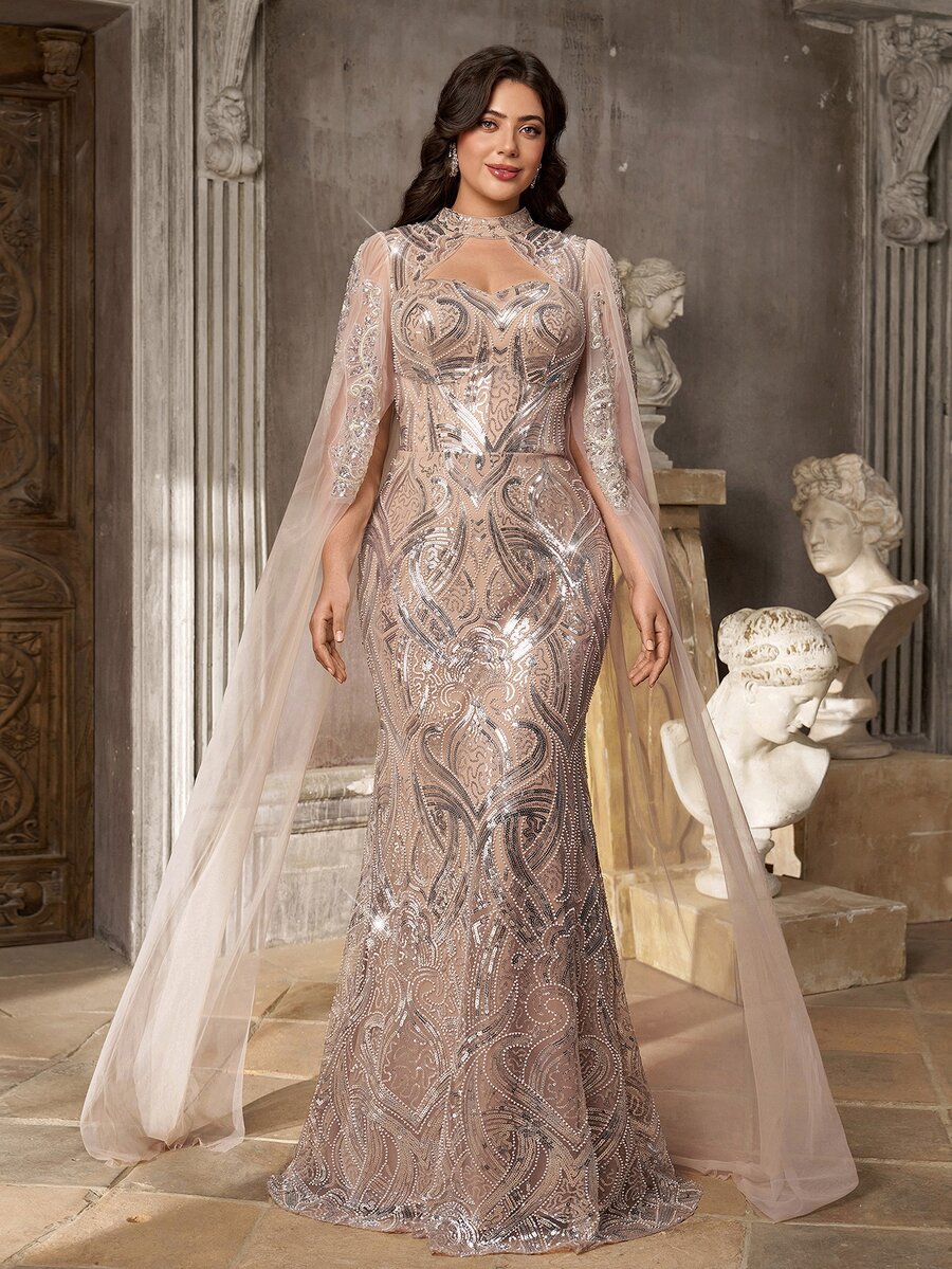 Aureia Plus Contrast Sequin Mesh Formal Dress With Cape - Apricot - View 1