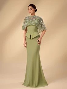 Serin Contrast Sequin Mermaid Hem Mother Of The Bride Dress - Green - View 4