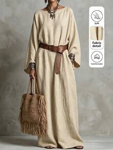 Breezaya Solid Batwing Sleeve Maxi Dress Without Belt - Apricot - View 1