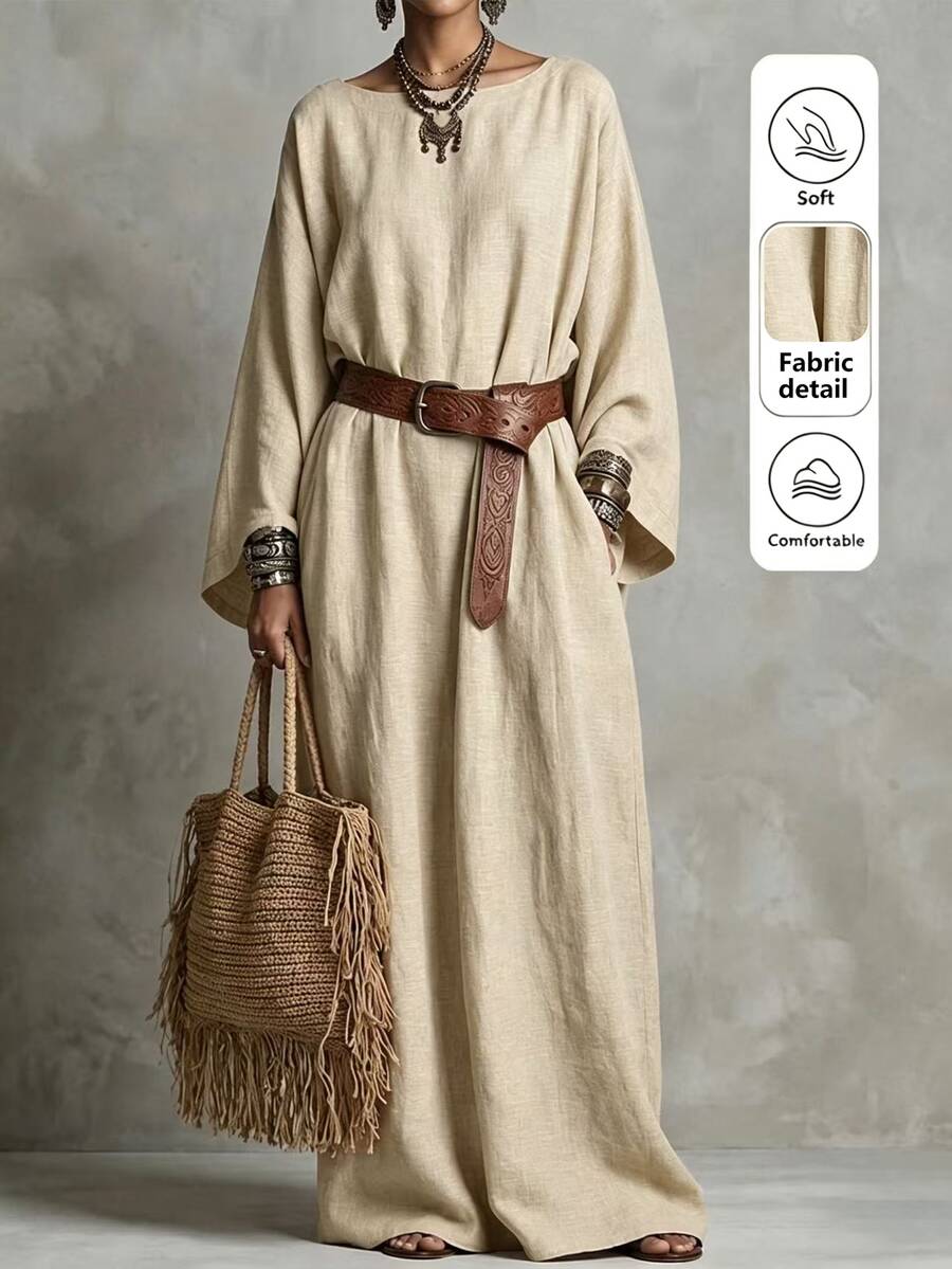 Breezaya Solid Batwing Sleeve Maxi Dress Without Belt - Apricot - View 1