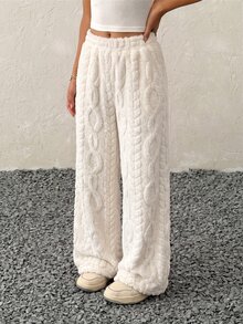 Tween Girl Solid Fuzzy Wide Leg Pants - White - View 3