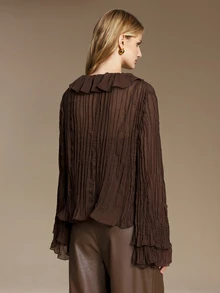 Ontre Ruffle Trim Flounce Sleeve Plisse Top Brunch Dinner Dark Brown Autumn Romantic Elegant - Green - View 3