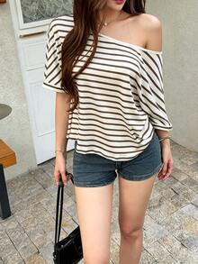 K-Vae Striped Print Asymmetrical Neck Tee - Multicolor - View 4