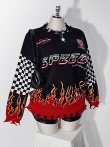 SHEIN ICON Plus Checker & Letter Pattern Drop Shoulder Distressed Sweater - Multicolor - View 11