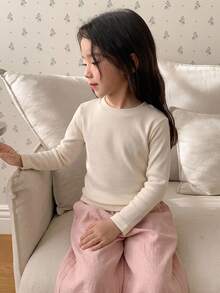 DAZY Young Girl Solid Round Neck Thermal Line Tee - Beige - View 6