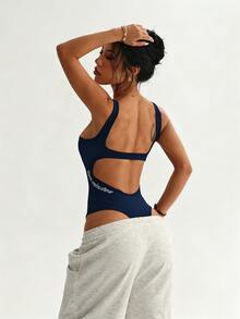 Slayform Slayform Letter Graphic Cut Out Backless Sports Bodysuit - Navy Blue - View 2