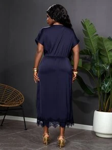 SHEIN Clasi Plus Contrast Lace Split Thigh Dress Cocktail Date Night Evening Party Formal Navy Blue Summer Elegant - Navy Blue - View 2