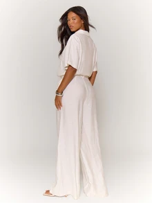 MUSERA Linen Zip Up Relaxed Jumpsuit Summer Ibiza Fits Holiday Vacation Beach Elegant - White - View 2