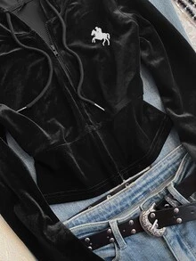 Attitoon Sudadera con capucha, cordón y cremallera con detalle de bordado en terciopelo - Negro - Ver 3