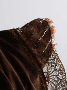 Sweetra Asymmetrical Shoulder Contrast Lace Ruched Waist Velvet Tee & Wide Leg Pants Set - Coffee Brown - View 8