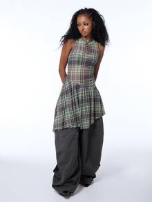 COUREZ Sleeveless Mesh Check Mini Layering Dress / Y2K Fall Mini Dress Winter Dress Autumn Outfits Fall Streetwear Club Outfits For Women Dresses - Brown - View 1
