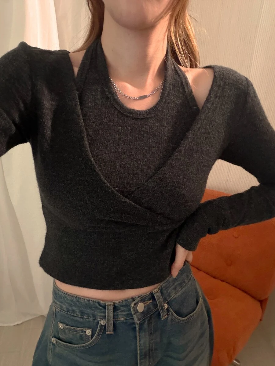 DAZY Solid 2 In 1 Crop Tee Fall - Grey - View 1