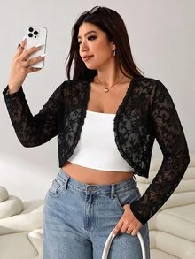 Solflare Plus Open Front Sheer Lace Crop Jacket Without Cami Top Fall - Black and White - View 4