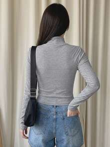 DAZY Solid High Neck Ribbed Knit Slim Fit Tee - Grey - View 4