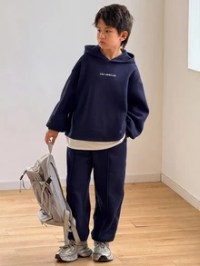 SHEIN Tween Boys Autumn Hoodie & Kids Sweatshirt Co-Ords - Navy Blue - View 2