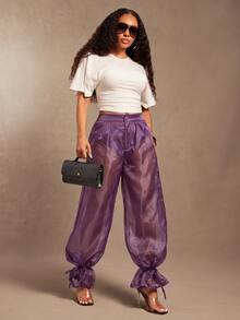 Vixey High Waist Knot Hem Sheer Pants - Purple - View 3