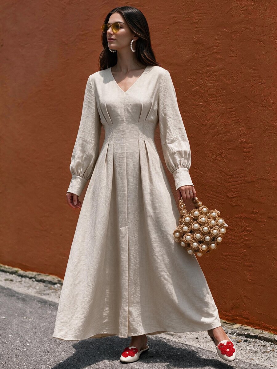 Flora Isola Flora Isola Solid V Neck Fold Pleated A-Line Dress Tea Party Everyday Beige Autumn Minimalist Elegant - Multicolor - View 1
