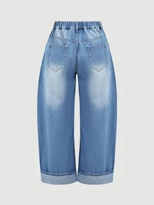 SHEIN PETITE 高腰寬腿牛仔褲 - 藍色 - 查看 6