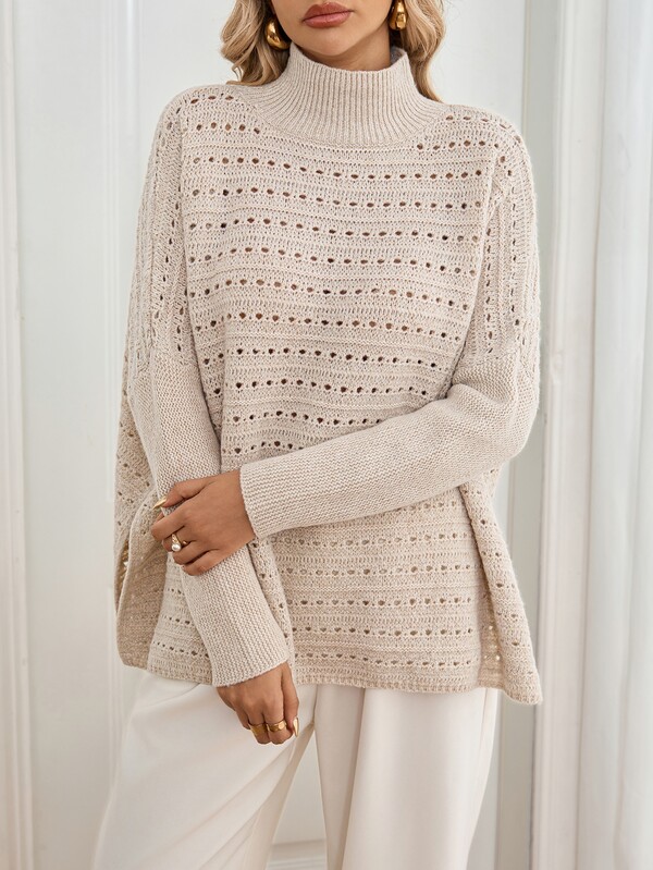 Sprig & Strand High Neck Pointelle Knit Batwing Sleeve Sweater